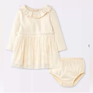 Baby Girls Ruffle Ribbed Tulle Dress-Cream 18M